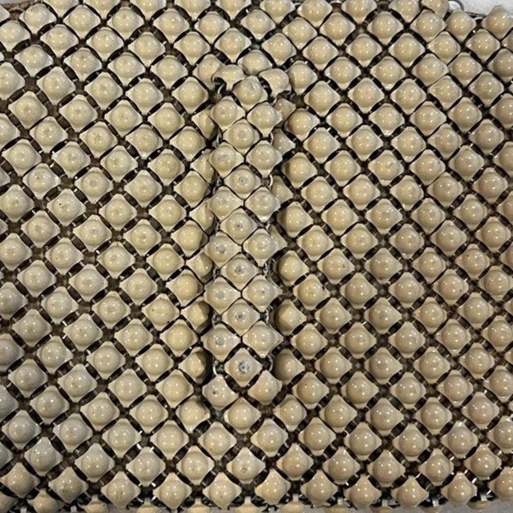 VTG 1950s Lattice Beaded Clutch‎ Purse Ivory Plastic Beads Japan Satin Lining